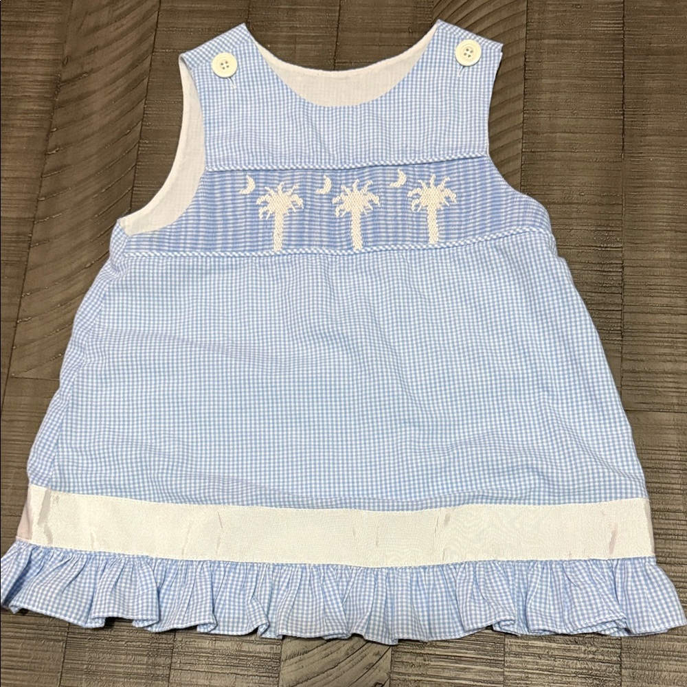 Blue White Check Smocked Top Size 6 Kids Girls Palm Tree moon